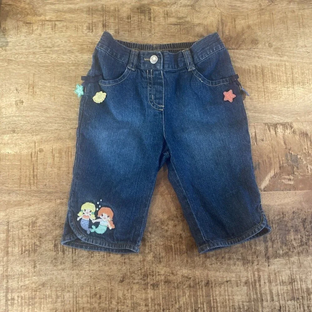 Gymboree Girls Mermaid Embroidered Blue Denim Jeans 18-24M Seashells